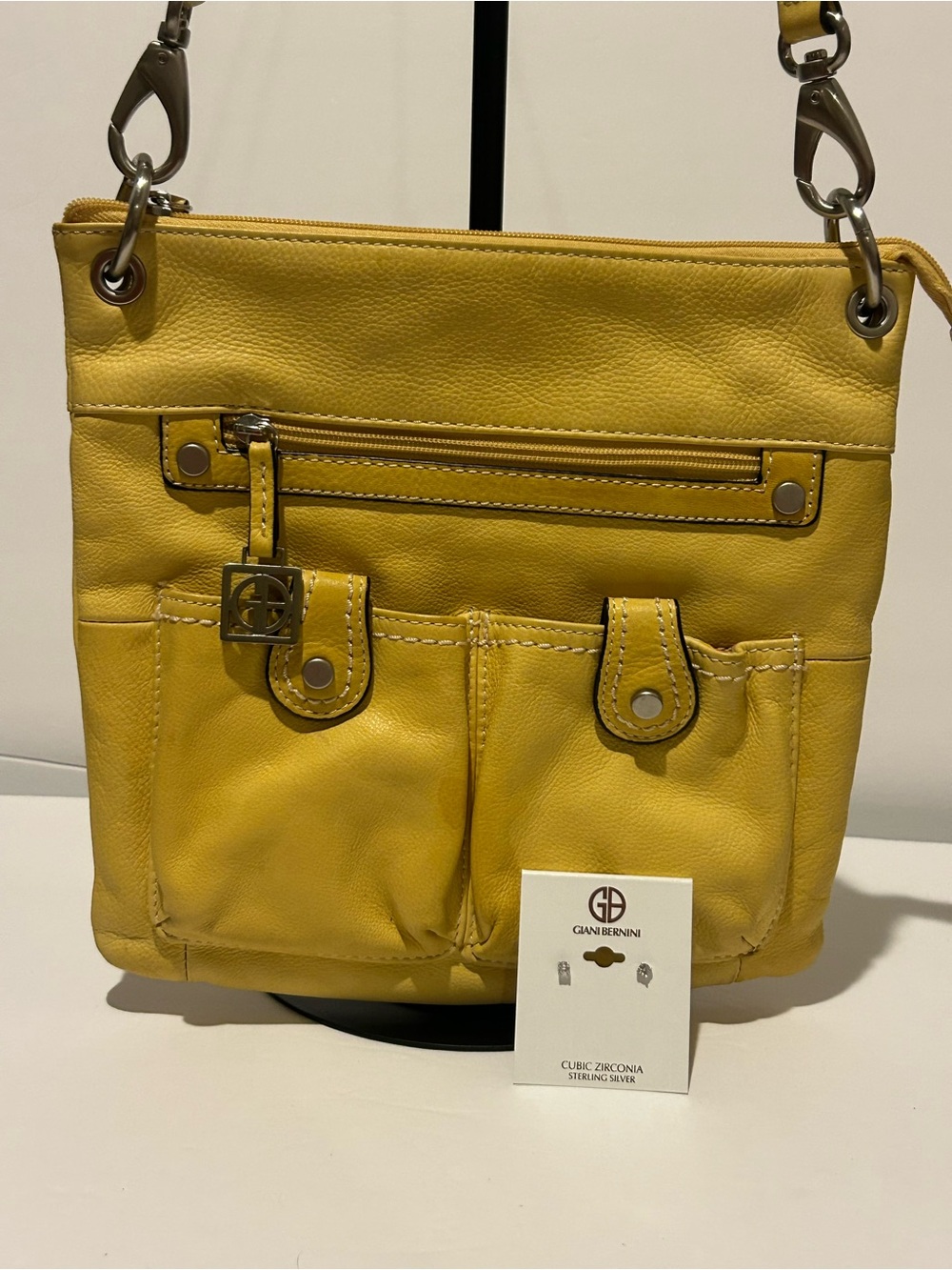 Giani Bernini Yellow Pebbled Leather Crossbody Bag + CZ Sterling Earring Set